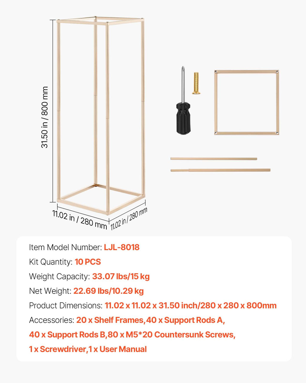 Vestuvinis gėlių stovas VEVOR LJL-8018, 80 cm aukščio
