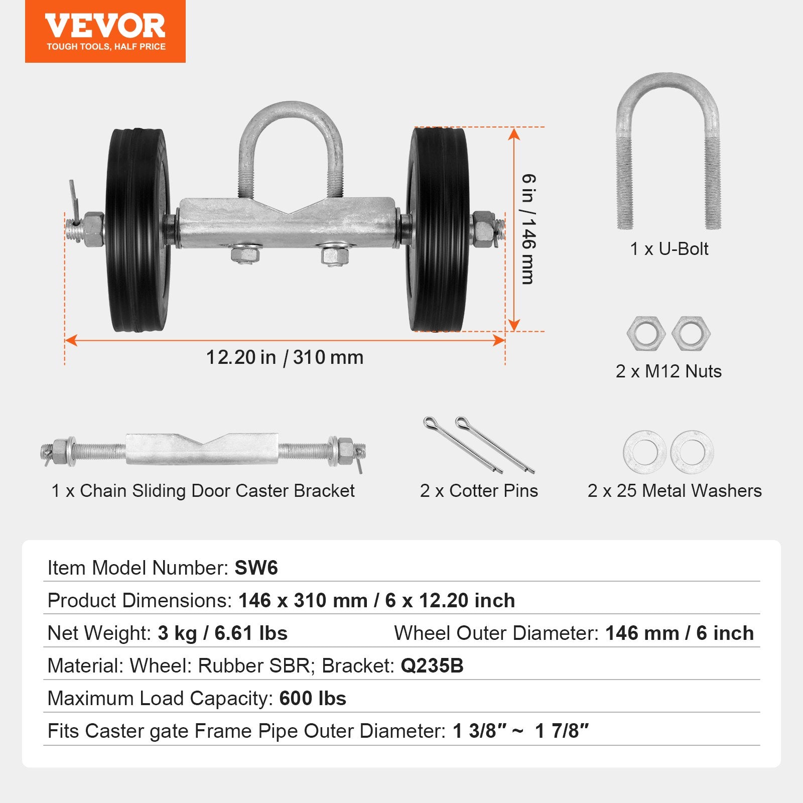 Stumdomų vartų ratukų rinkinys VEVOR SW6, 272 kg keliamoji galia