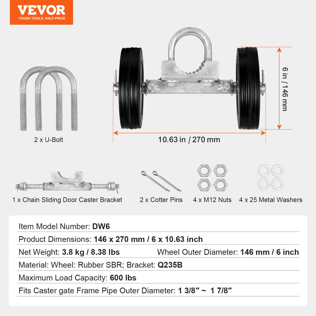 Stumdomų vartų ratukų rinkinys VEVOR DW6, 272 kg keliamoji galia