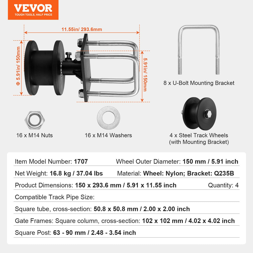 Stumdomų vartų ratukų rinkinys VEVOR 1707, 4 vnt. komplektas