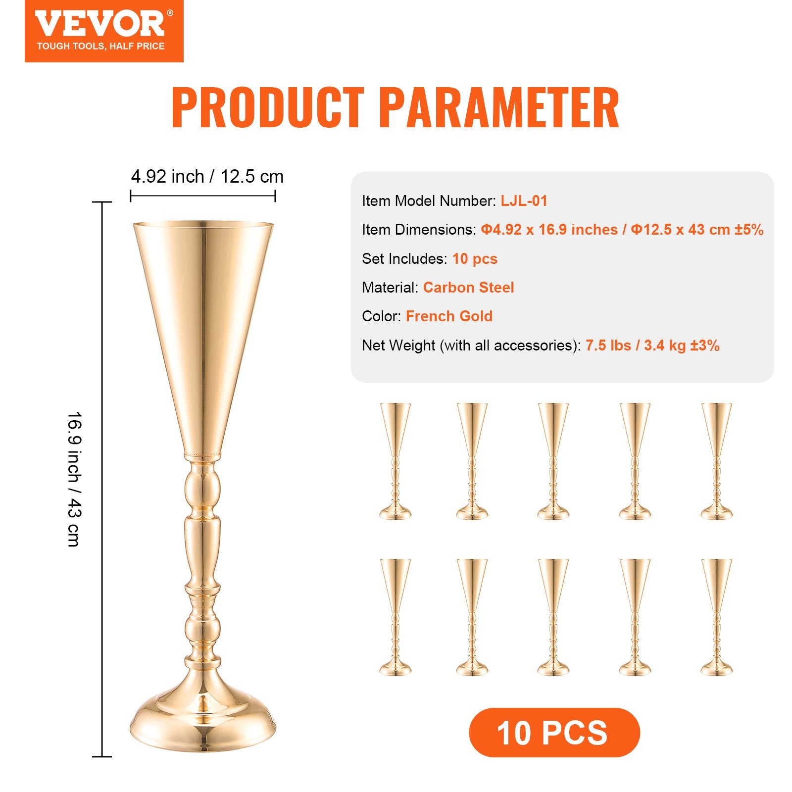 Vestuvinės gėlių vazos VEVOR LJL-01, 10 vnt., 43 cm aukščio