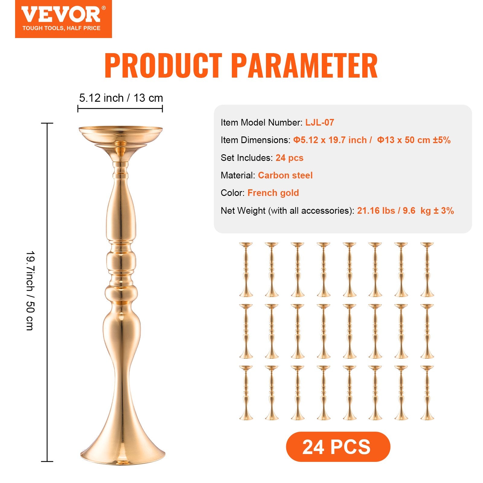Vestuvinės gėlių vazos VEVOR LJL-07, 24 vnt., 50 cm aukščio