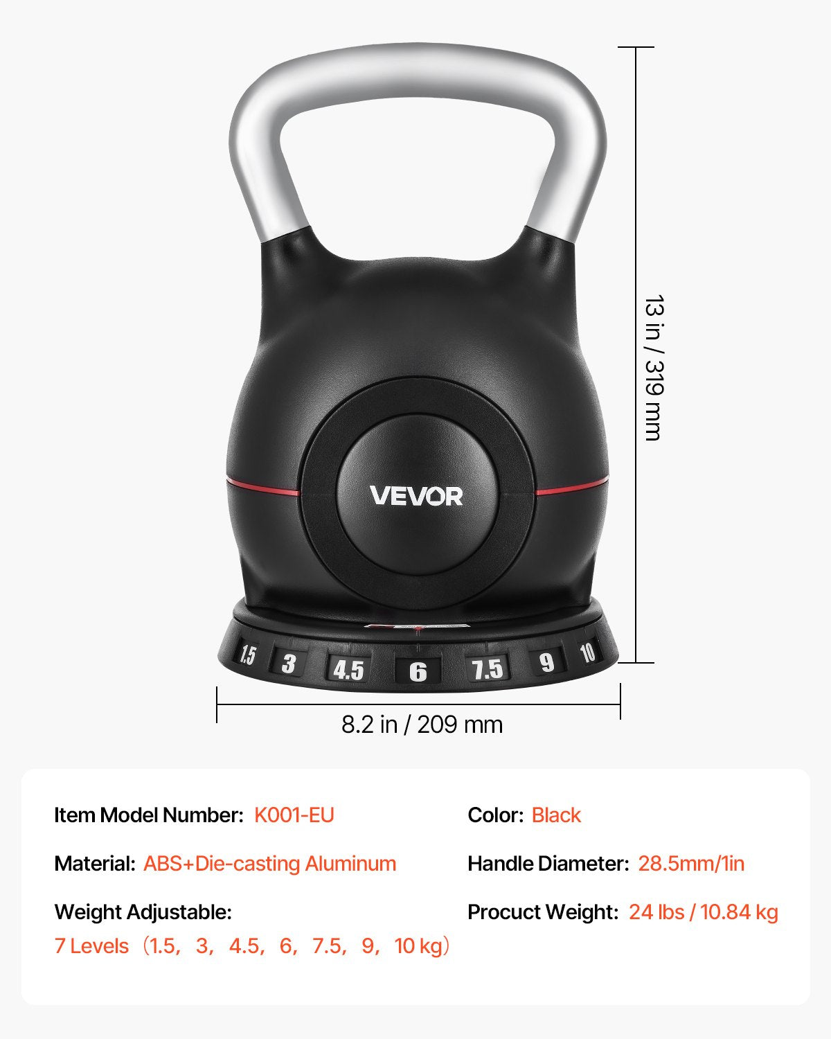 Reguliuojamas svarmuo (gira) VEVOR K001-EU, 1,5–10 kg