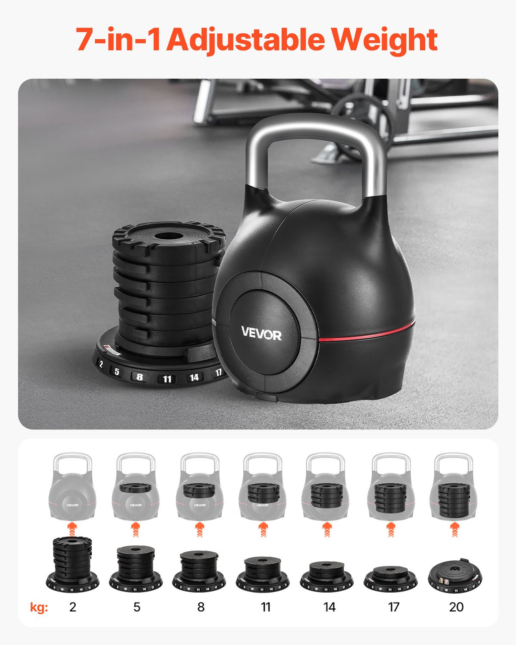Reguliuojamas svarmuo (Kettlebell) VEVOR K002-EU, 2–20 kg