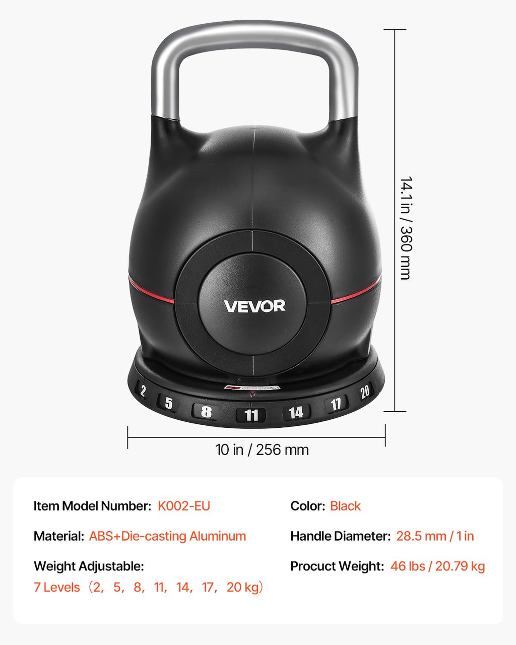 Reguliuojamas svarmuo (Kettlebell) VEVOR K002-EU, 2–20 kg