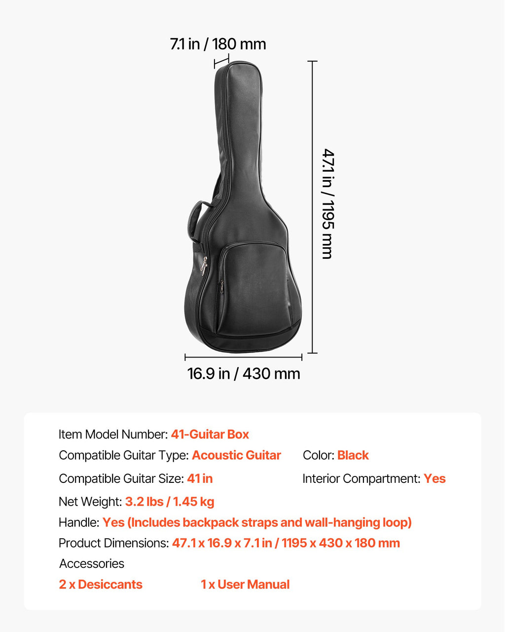 Akustinės gitaros dėklas VEVOR 41-Guitar Box, 1195 mm