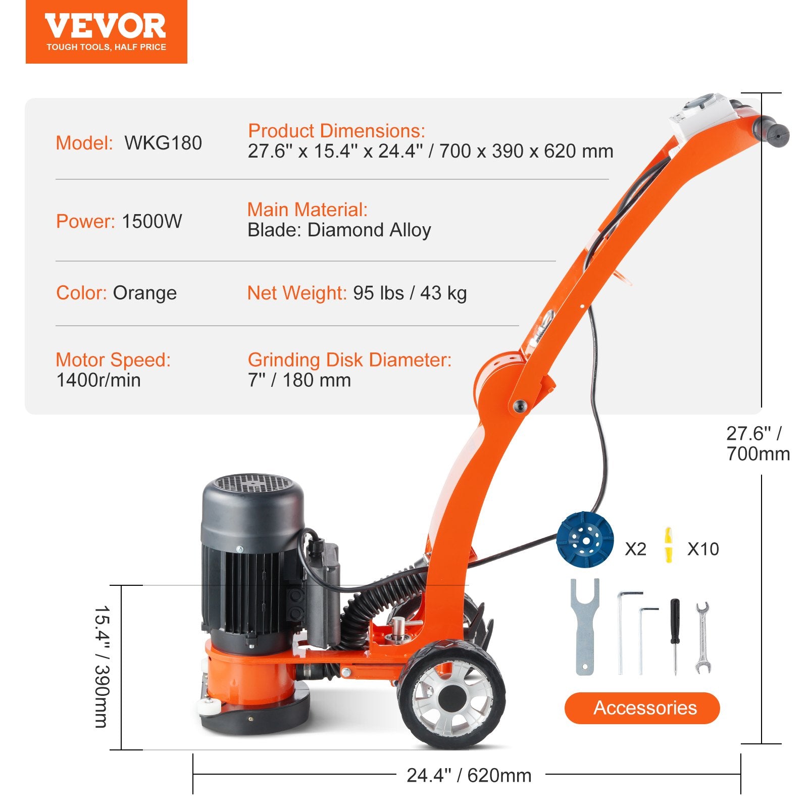 Betono šlifuoklis VEVOR WKG180, 1500 W