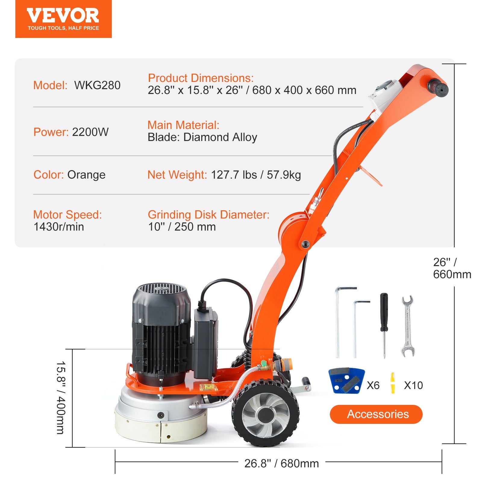 Betono šlifuoklis VEVOR WKG280, 2200 W