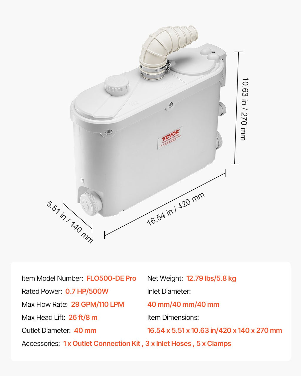 Smulkinantis nuotekų siurblys VEVOR FLO500-DE Pro, 500 W