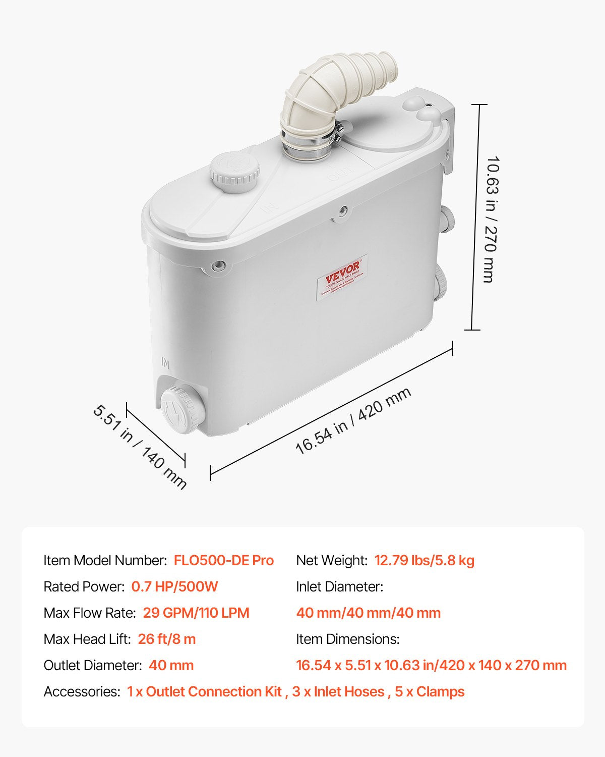 Smulkinantis nuotekų siurblys VEVOR FLO500-DE Pro, 500 W