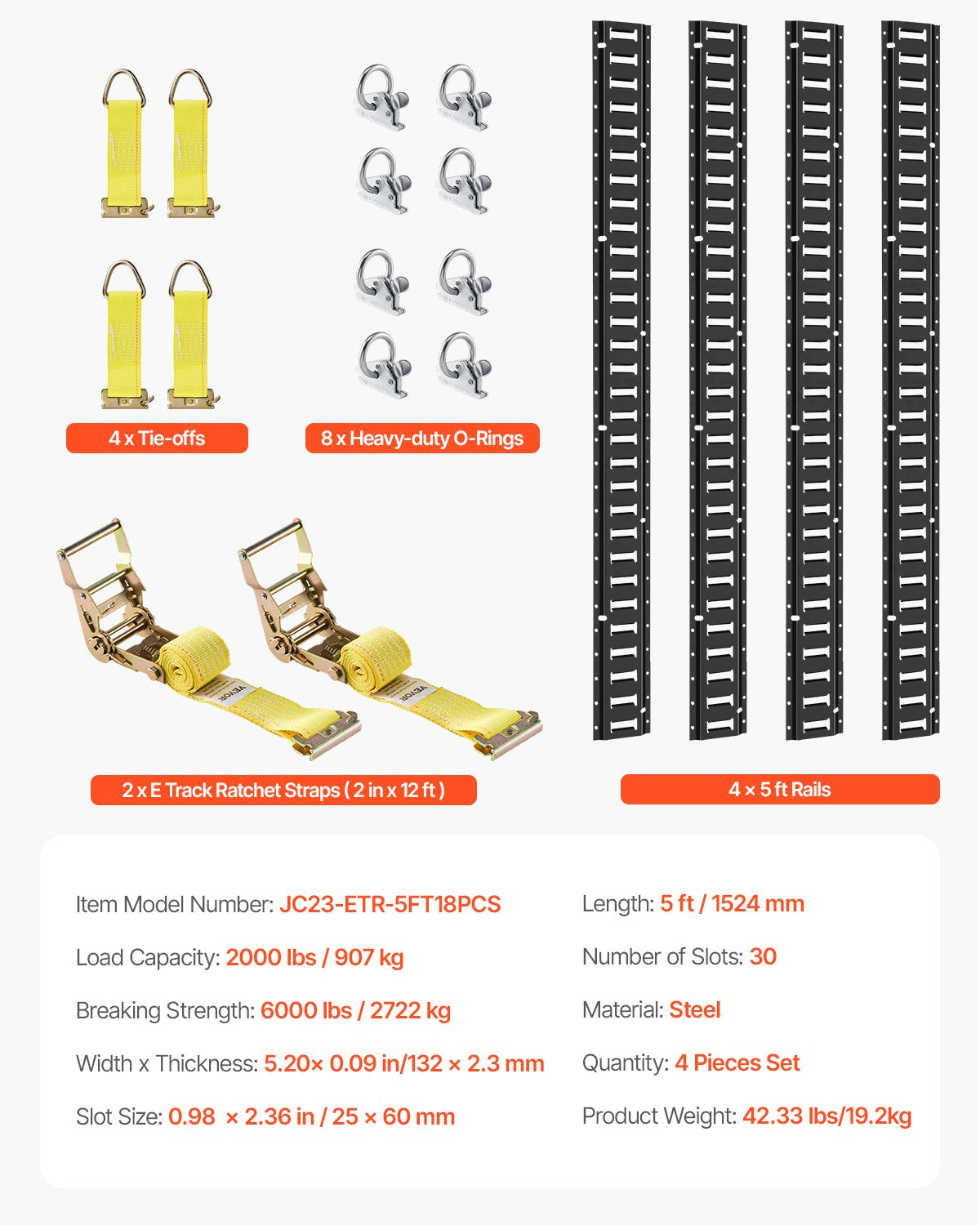 Krovinių tvirtinimo bėgelių rinkinys VEVOR JC23-ETR-5FT18PCS, 907 kg keliamoji galia