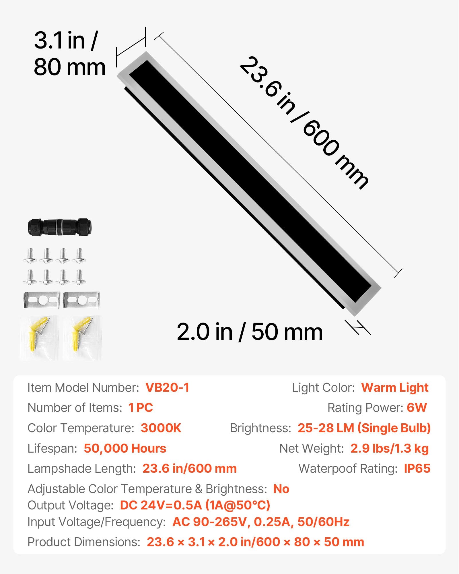 Išorinis sieninis šviestuvas VEVOR VB20-1, 600 mm