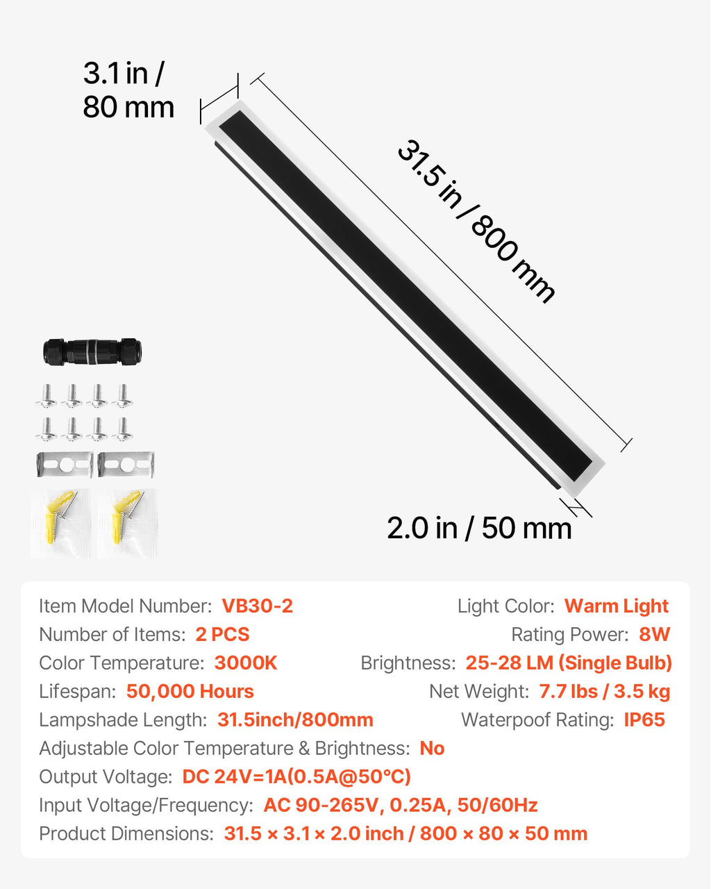 Išoriniai sieniniai šviestuvai VEVOR VB30-2, 800 mm