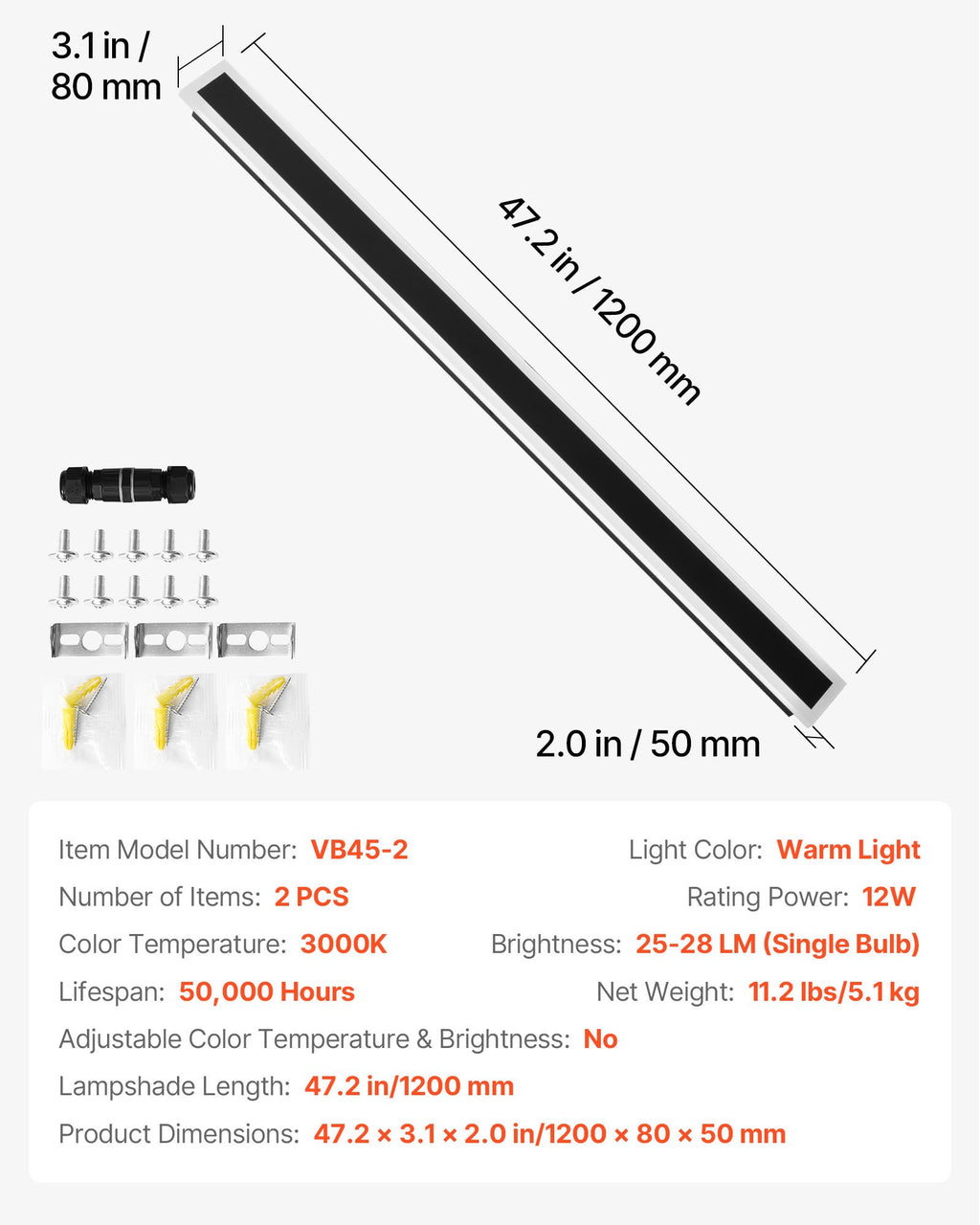 Išoriniai sieniniai šviestuvai VEVOR VB45-2, 1200 mm