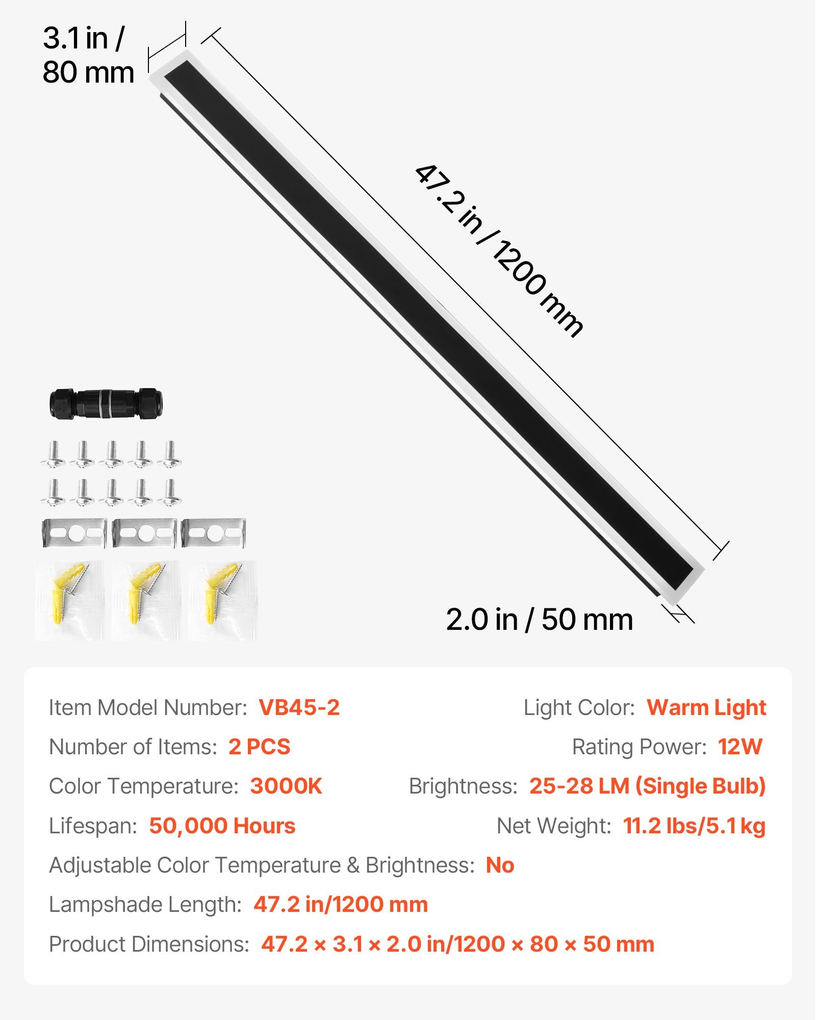Išoriniai sieniniai šviestuvai VEVOR VB45-2, 1200 mm