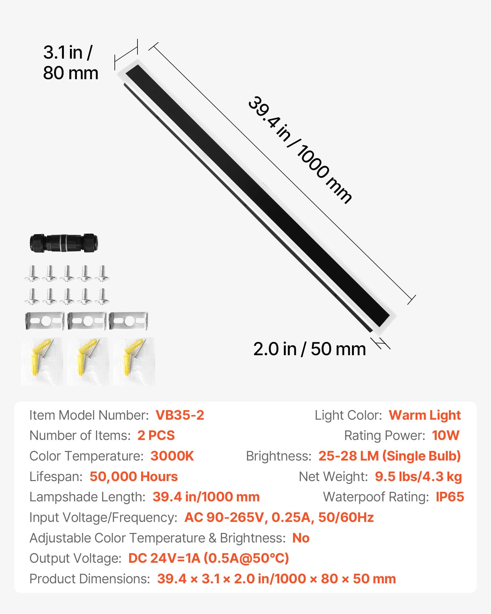 Išoriniai sieniniai šviestuvai VEVOR VB35-2, 1000 mm ilgio