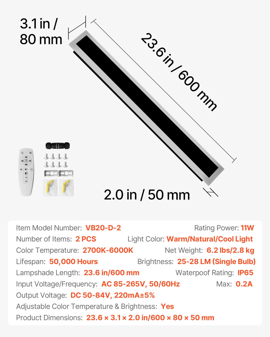 Lauko sieniniai šviestuvai VEVOR VB20-D-2, 600 mm, 2 vnt.