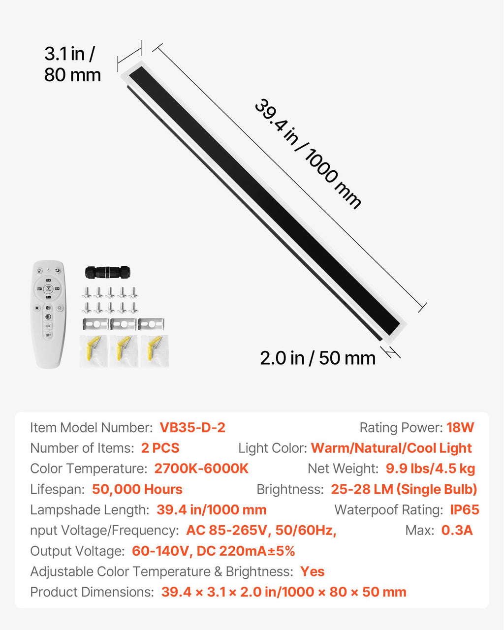 Lauko sieniniai šviestuvai VEVOR VB35-D-2, 1000 mm, 2 vnt.