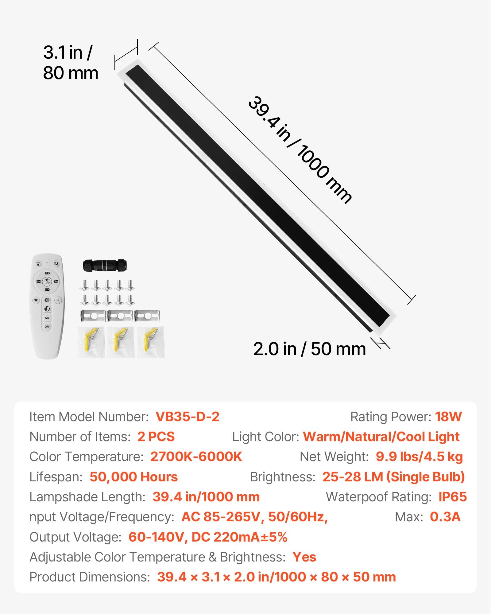 Lauko sieniniai šviestuvai VEVOR VB35-D-2, 1000 mm, 2 vnt.