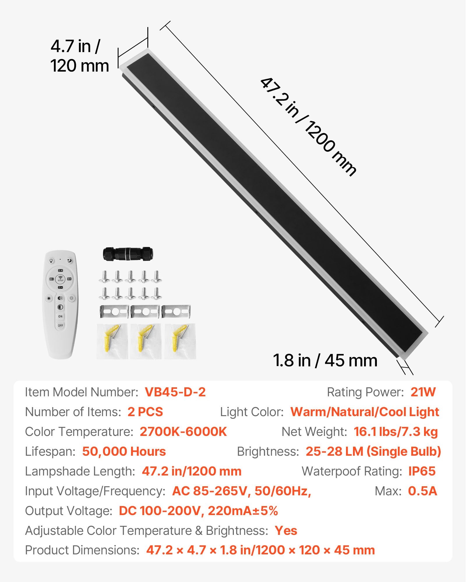 Lauko sieniniai šviestuvai VEVOR VB45-D-2, 1200 mm, 2 vnt.