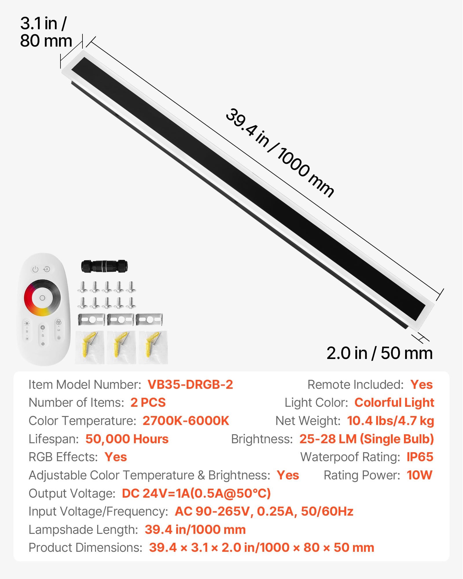 Lauko sieniniai šviestuvai VEVOR VB35-DRGB-2, 1000 mm, RGB