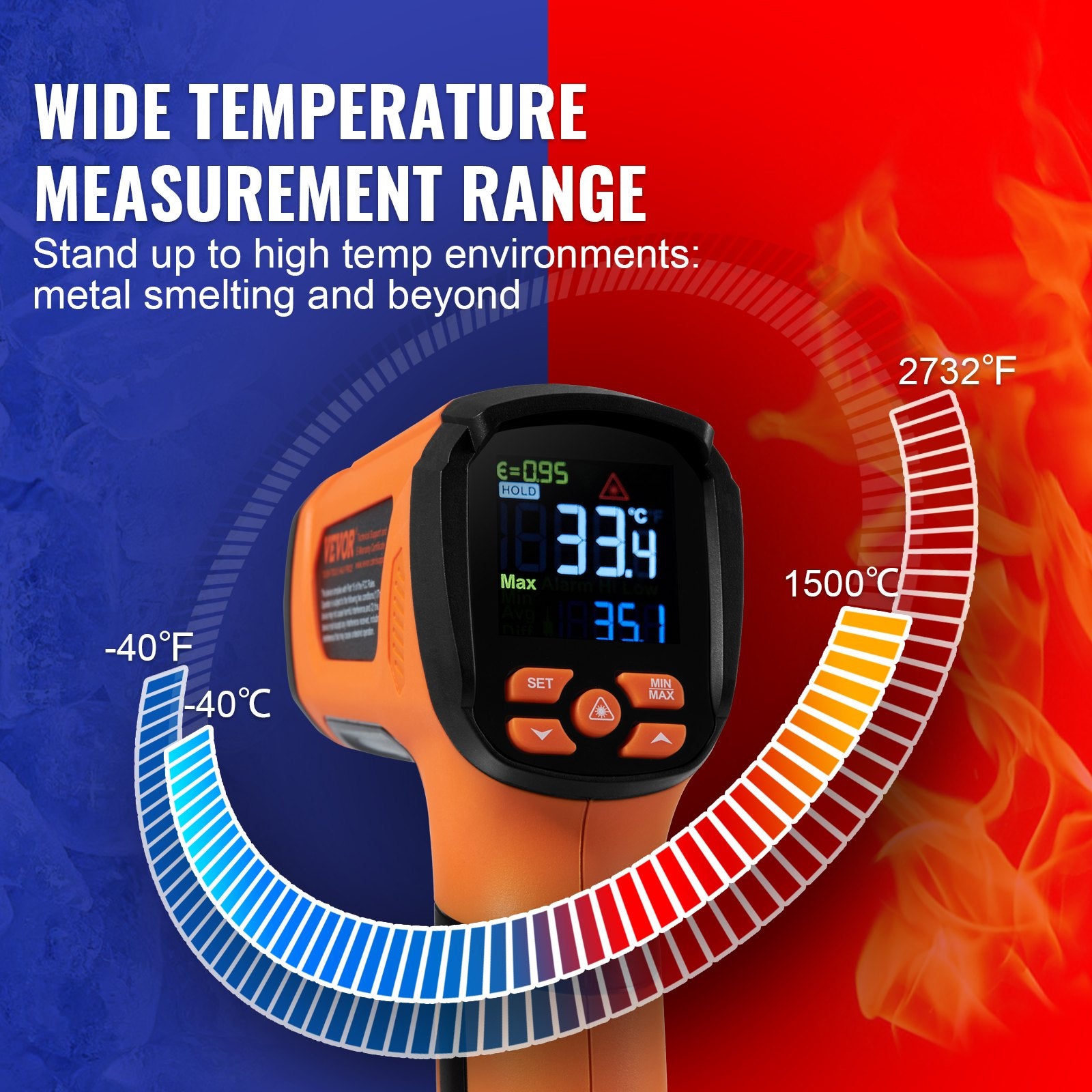 Infraraudonųjų spindulių termometras VEVOR IR05, nuo -40°C iki 1500°C