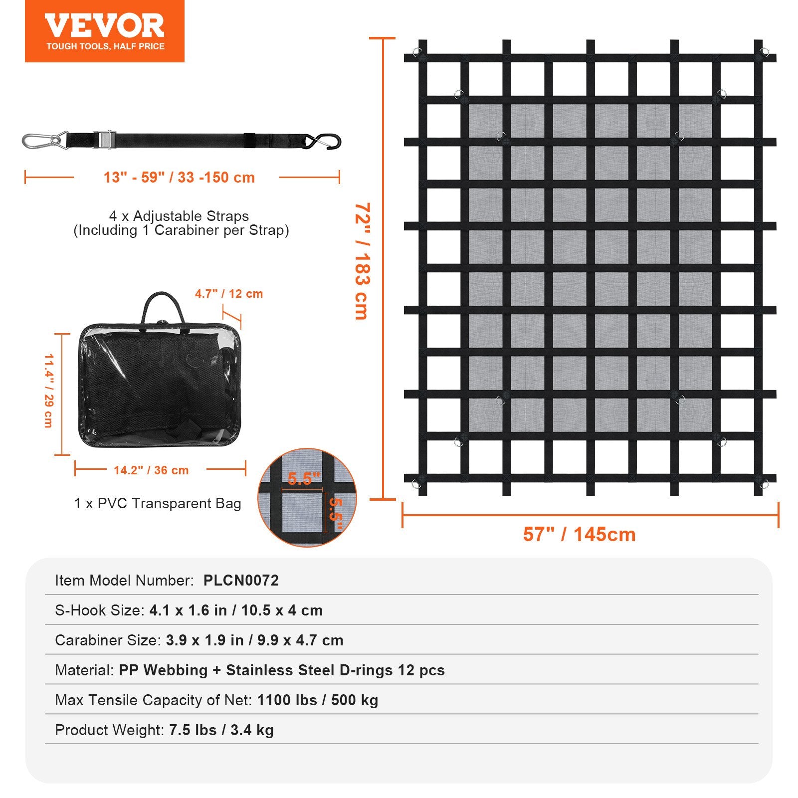 Krovinių tvirtinimo tinklas VEVOR PPCN0072, 183 x 145 cm