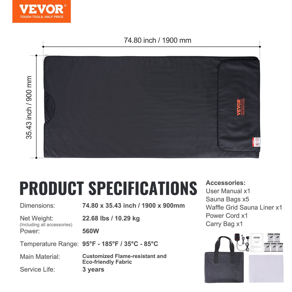Infraraudonųjų spindulių pirties antklodė VEVOR BW-801, 35–85°C