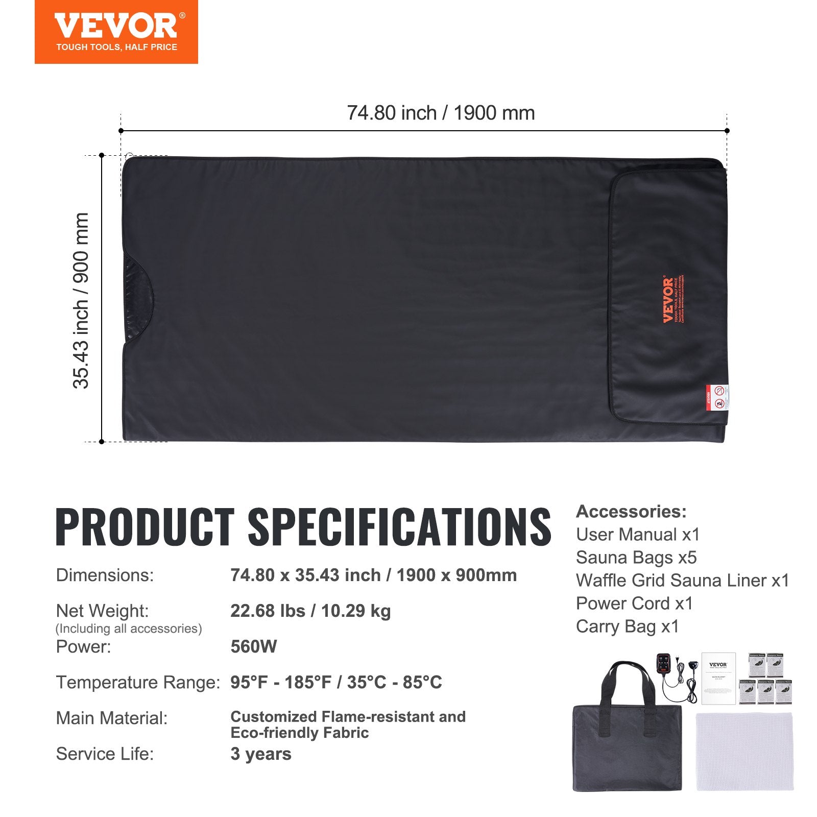 Infraraudonųjų spindulių pirties antklodė VEVOR BW-801, 35–85°C