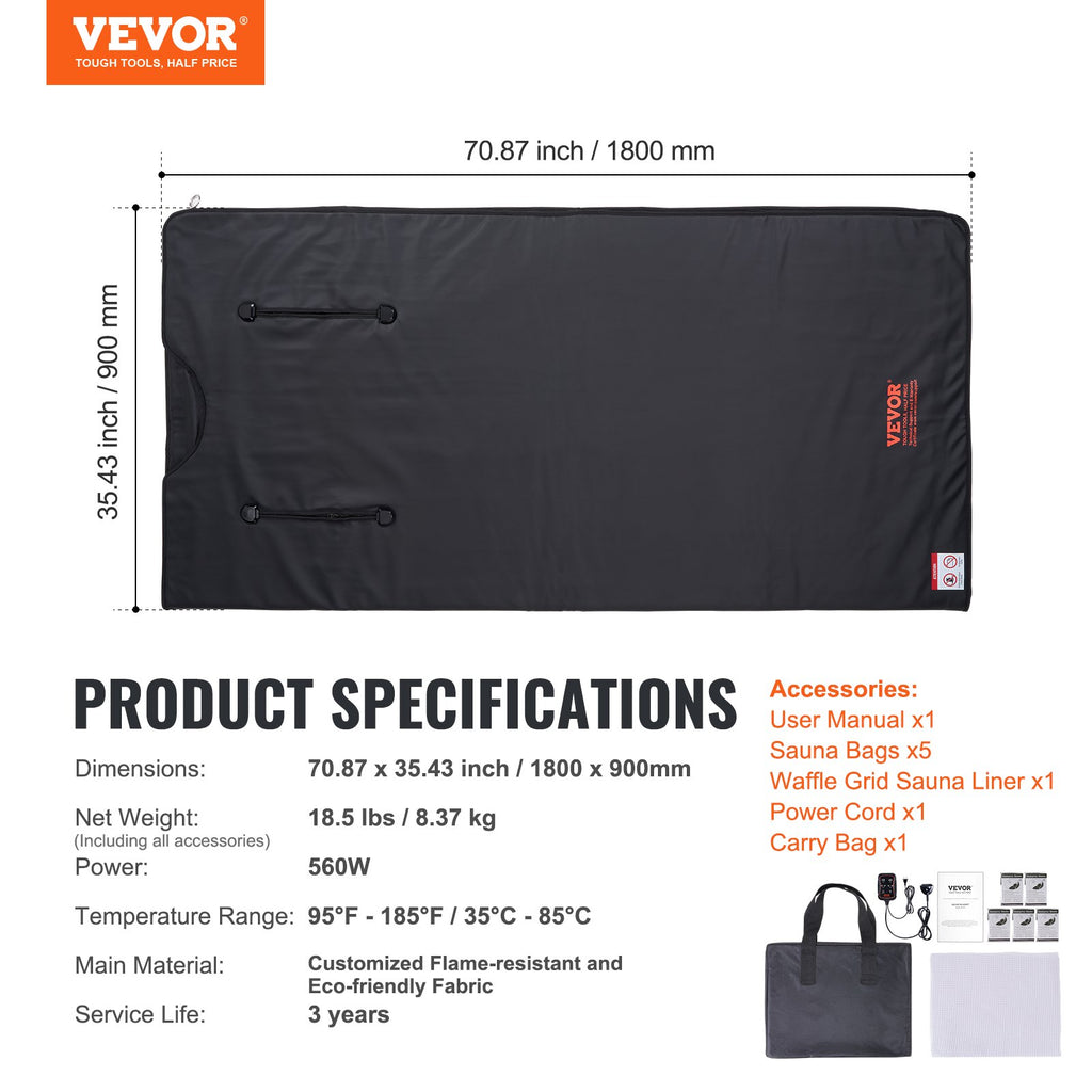 Infraraudonųjų spindulių pirties antklodė VEVOR BW-801, 35–85°C