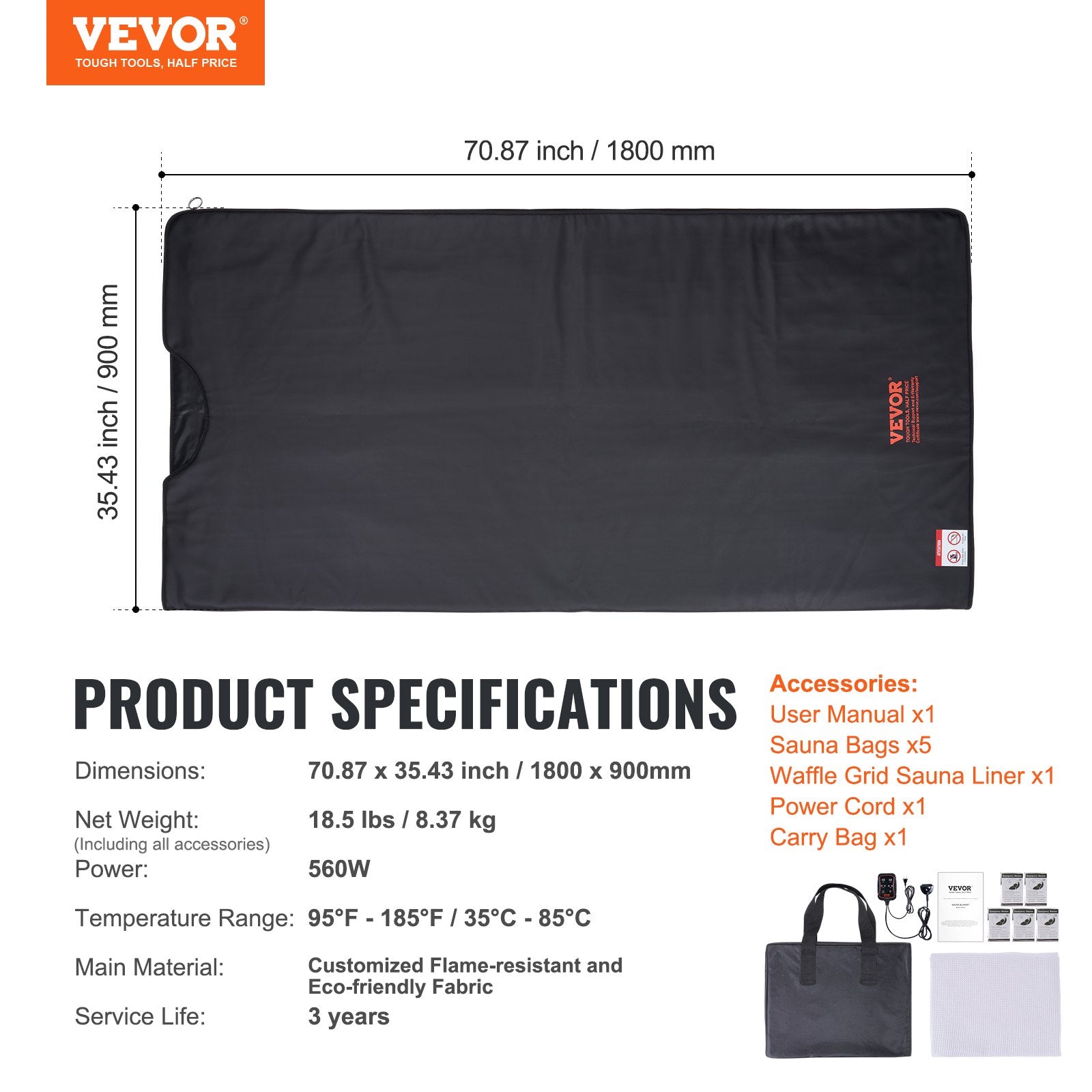Infraraudonųjų spindulių pirties antklodė VEVOR BW-801, 560W