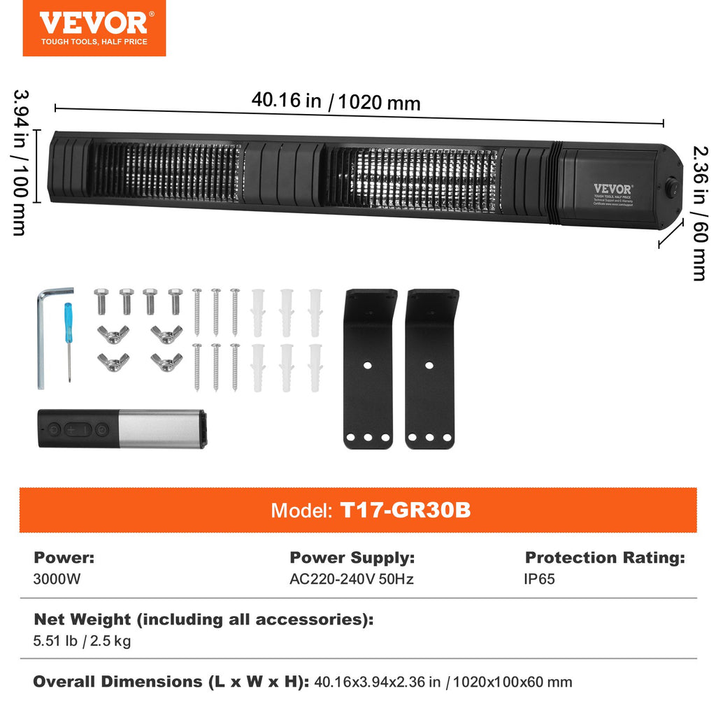 Infraraudonųjų spindulių šildytuvas VEVOR T17-GR30B, 3000W