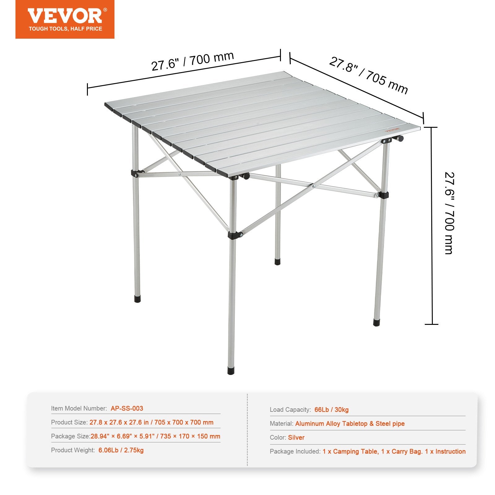 Sulankstomas stovyklavimo stalas VEVOR AP-SS-003, 70x70 cm