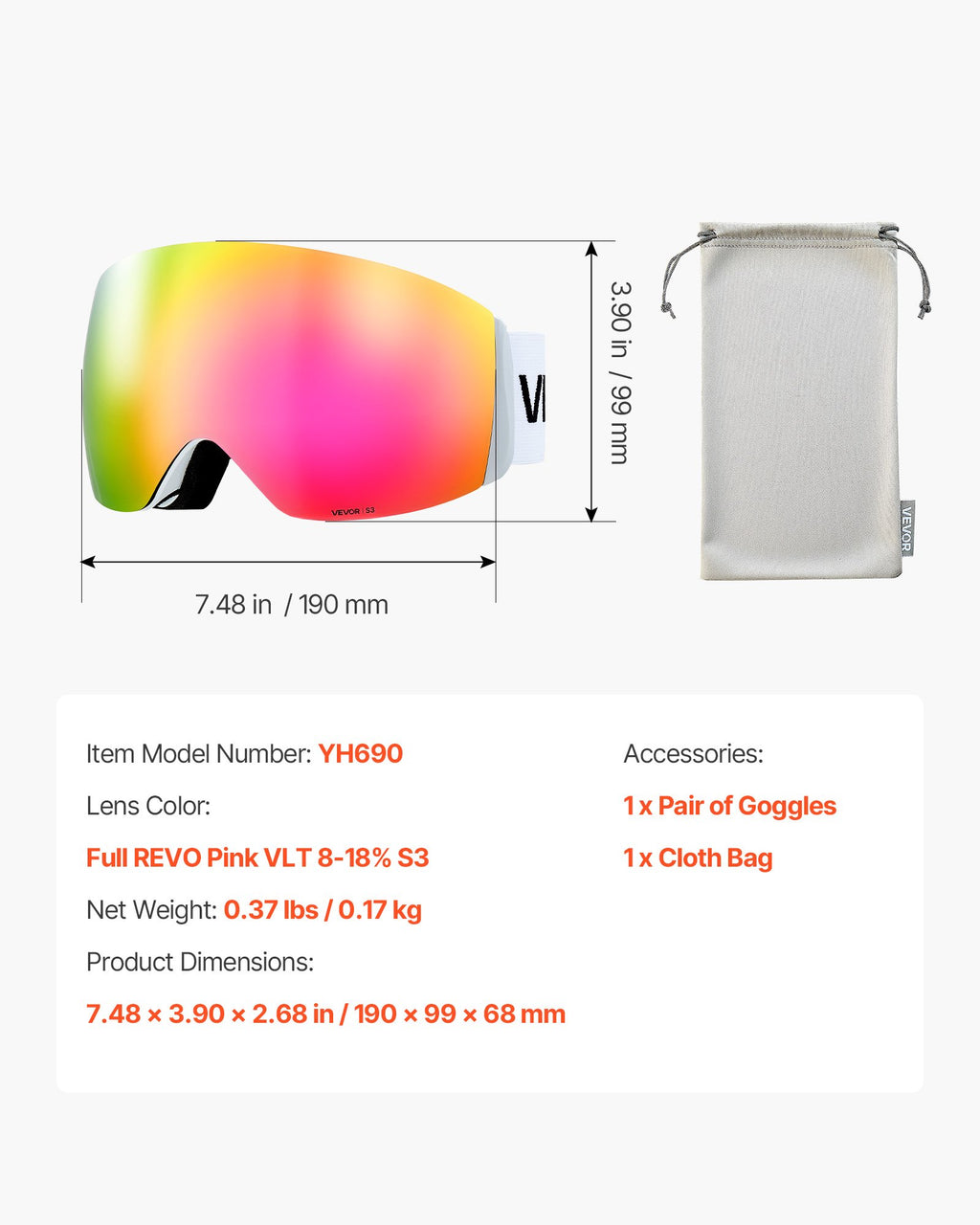 Slidinėjimo akiniai VEVOR YH690, Pink Revo lęšis
