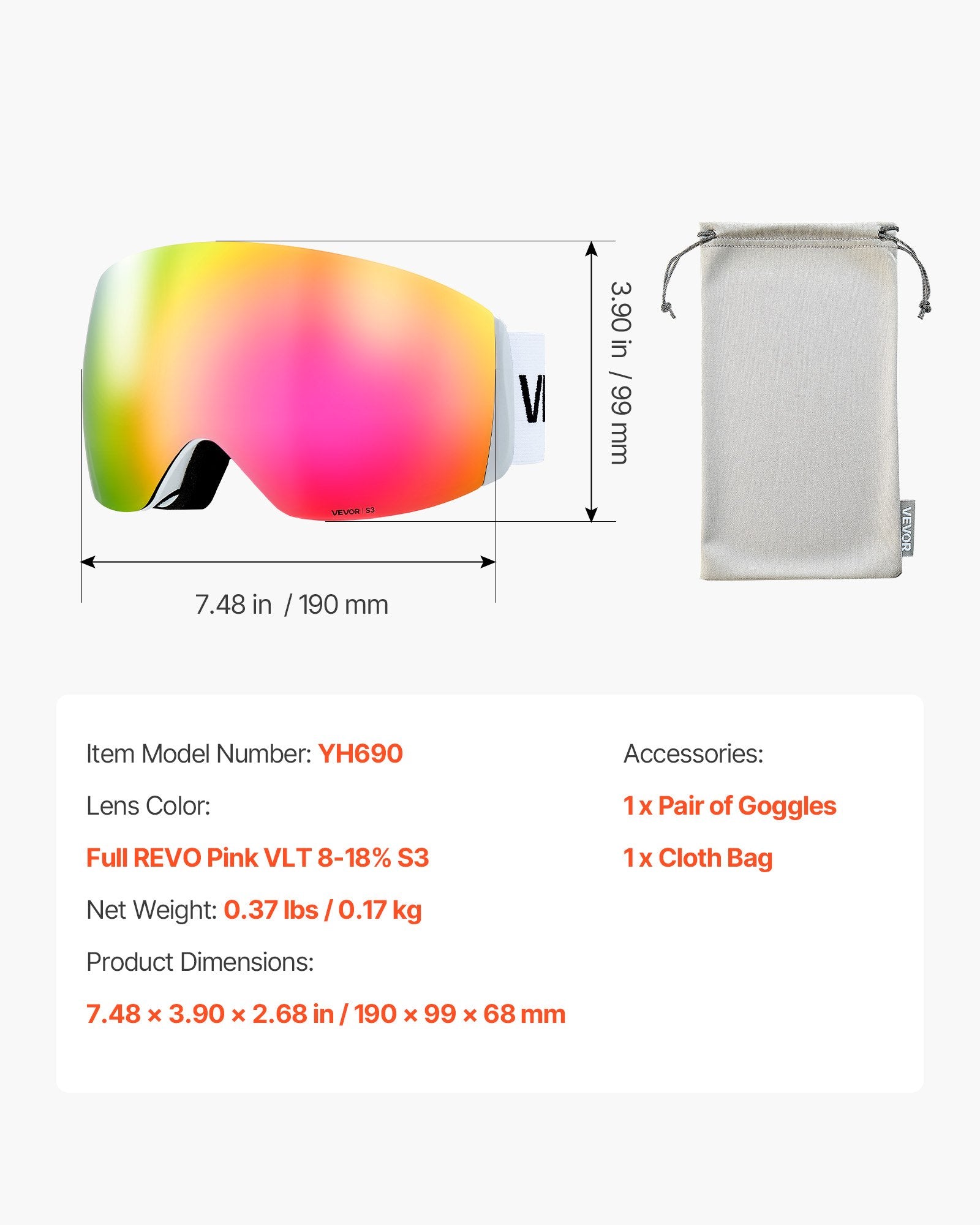 Slidinėjimo akiniai VEVOR YH690, Pink Revo lęšis