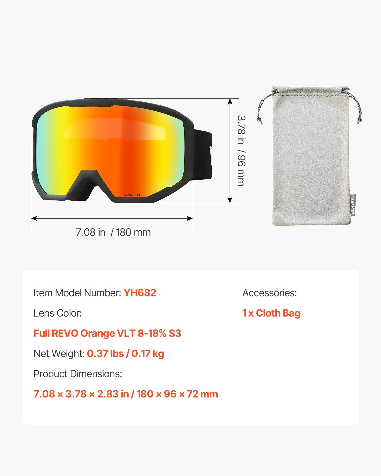 Slidinėjimo akiniai VEVOR YH682, oranžinė „Revo“ danga