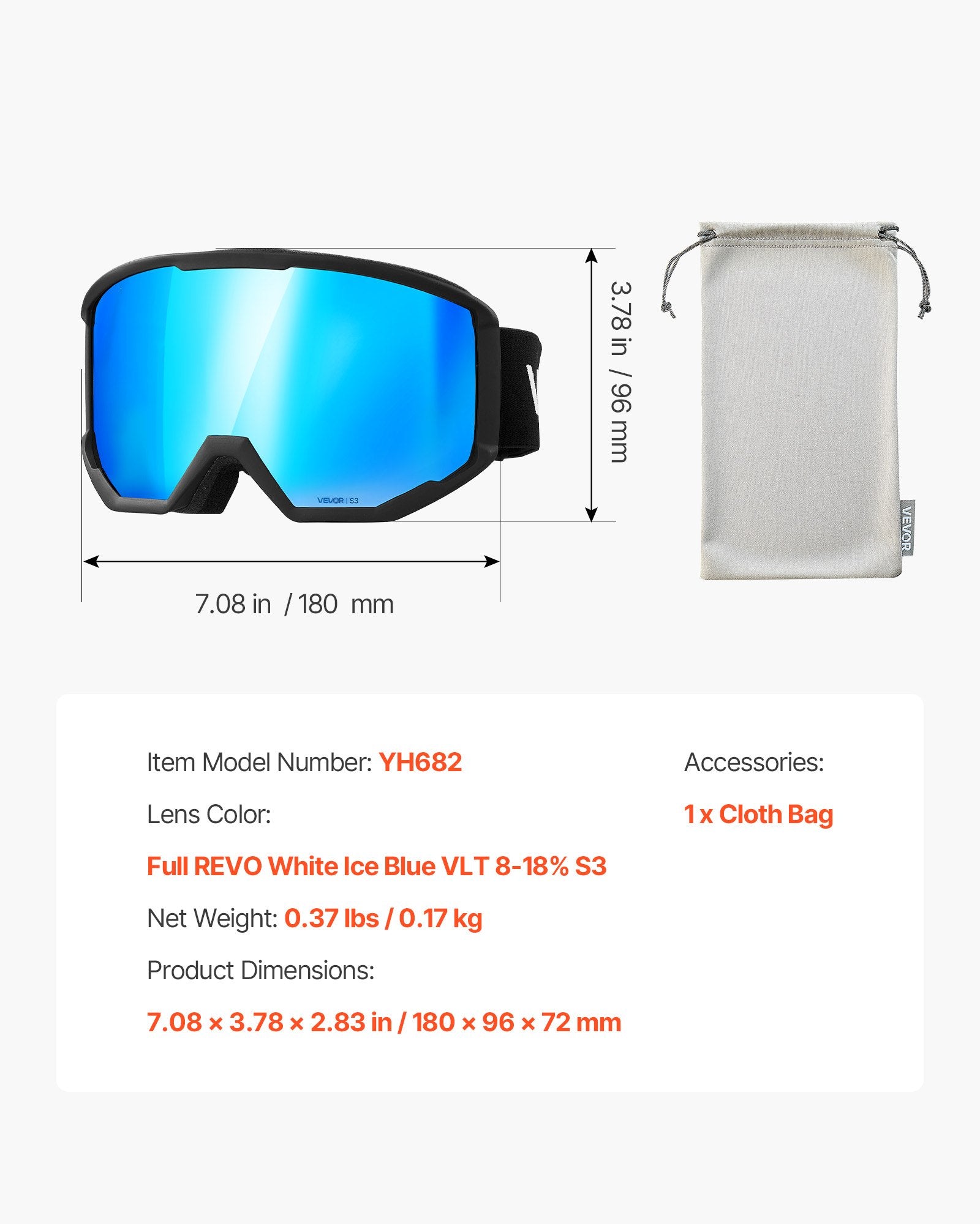 Slidinėjimo akiniai VEVOR YH682, Ice Blue Revo danga