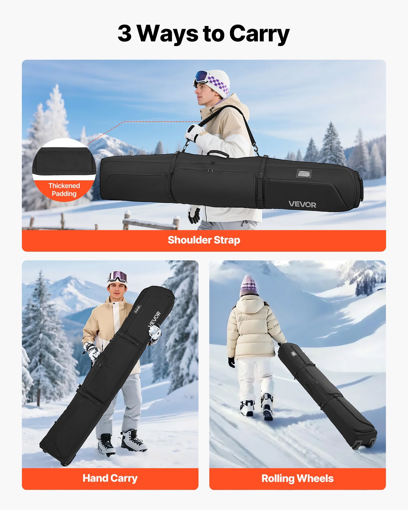 Slidinėjimo krepšys su ratukais VEVOR ZL-YDB-0119, iki 190 cm ilgio