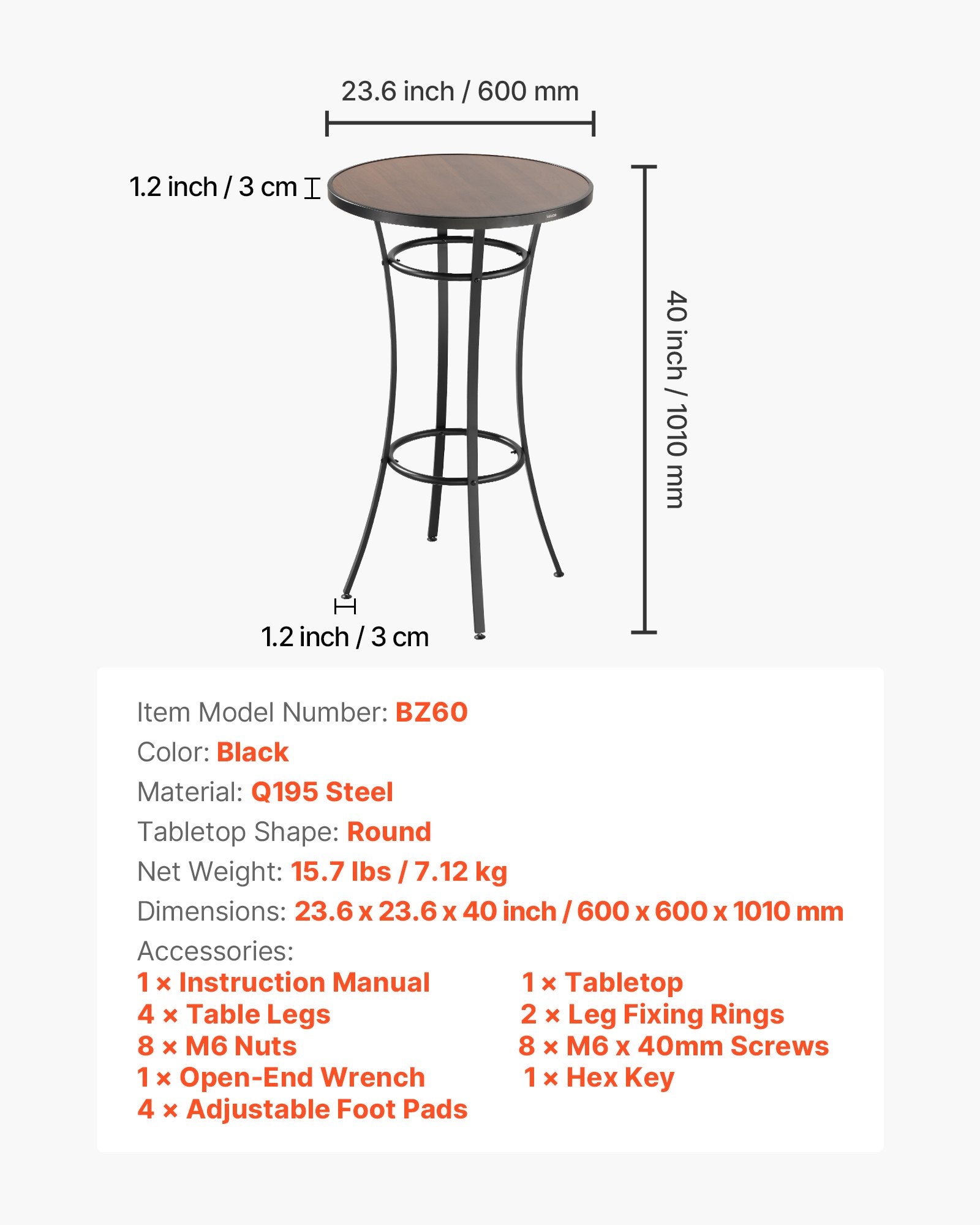 Lauko baro stalas VEVOR BZ60, 60 cm skersmens