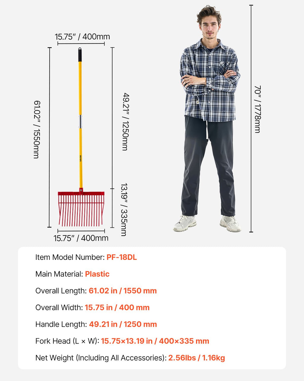 Šakės mėšlui VEVOR PF-18DL, 155 cm ilgio