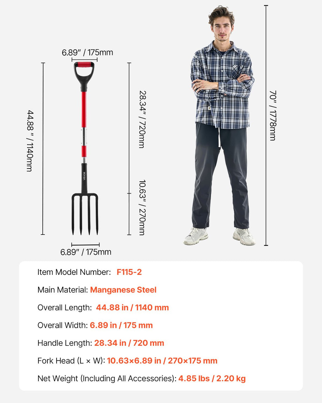 Sodo šakės VEVOR F115-2, 114 cm ilgio