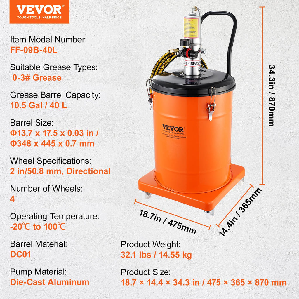 Pneumatinis tepalo siurblys VEVOR FF-09B-40L, 40 l talpa