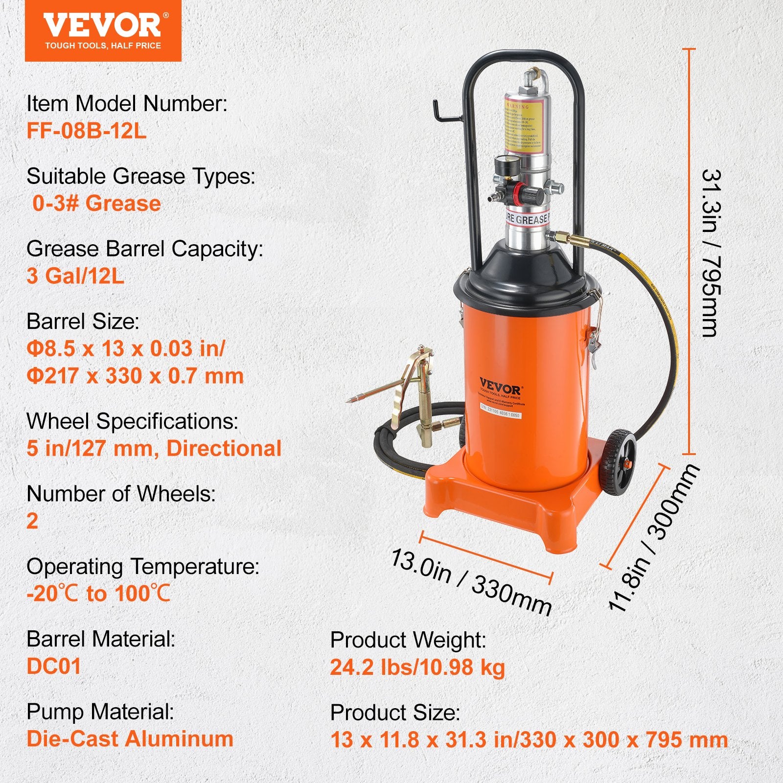 Pneumatinis tepalo siurblys VEVOR FF-08B-12L, 12 l talpa