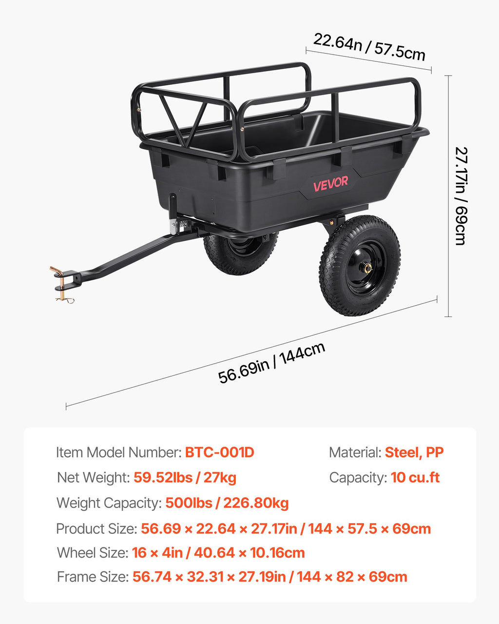 Sodo priekaba VEVOR BTC-001D, 227 kg keliamoji galia