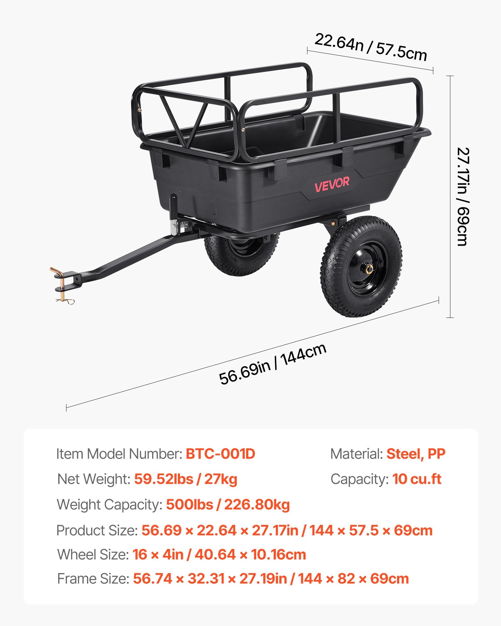 Sodo priekaba VEVOR BTC-001D, 227 kg keliamoji galia