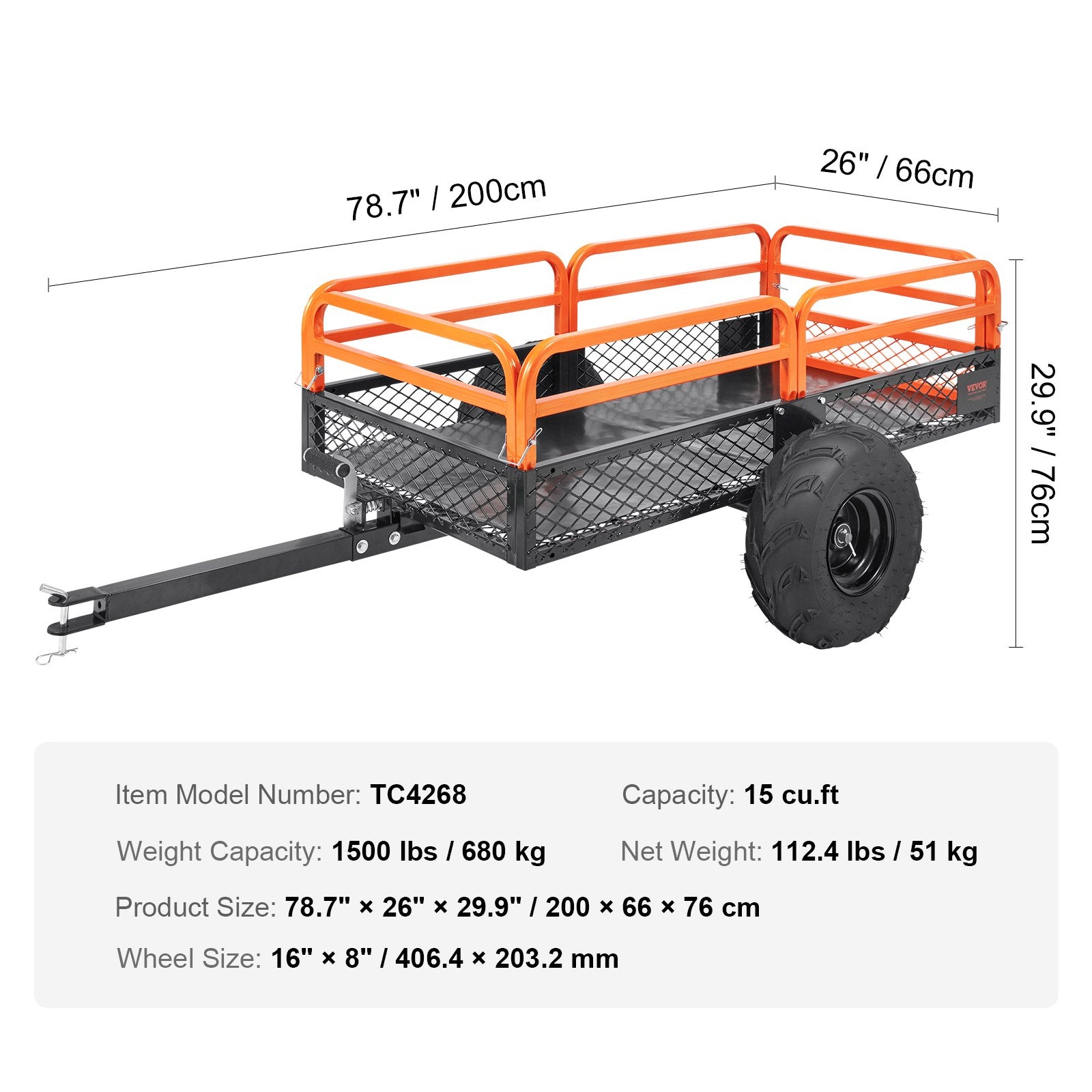 ATV priekaba VEVOR TC4268, 680 kg keliamoji galia