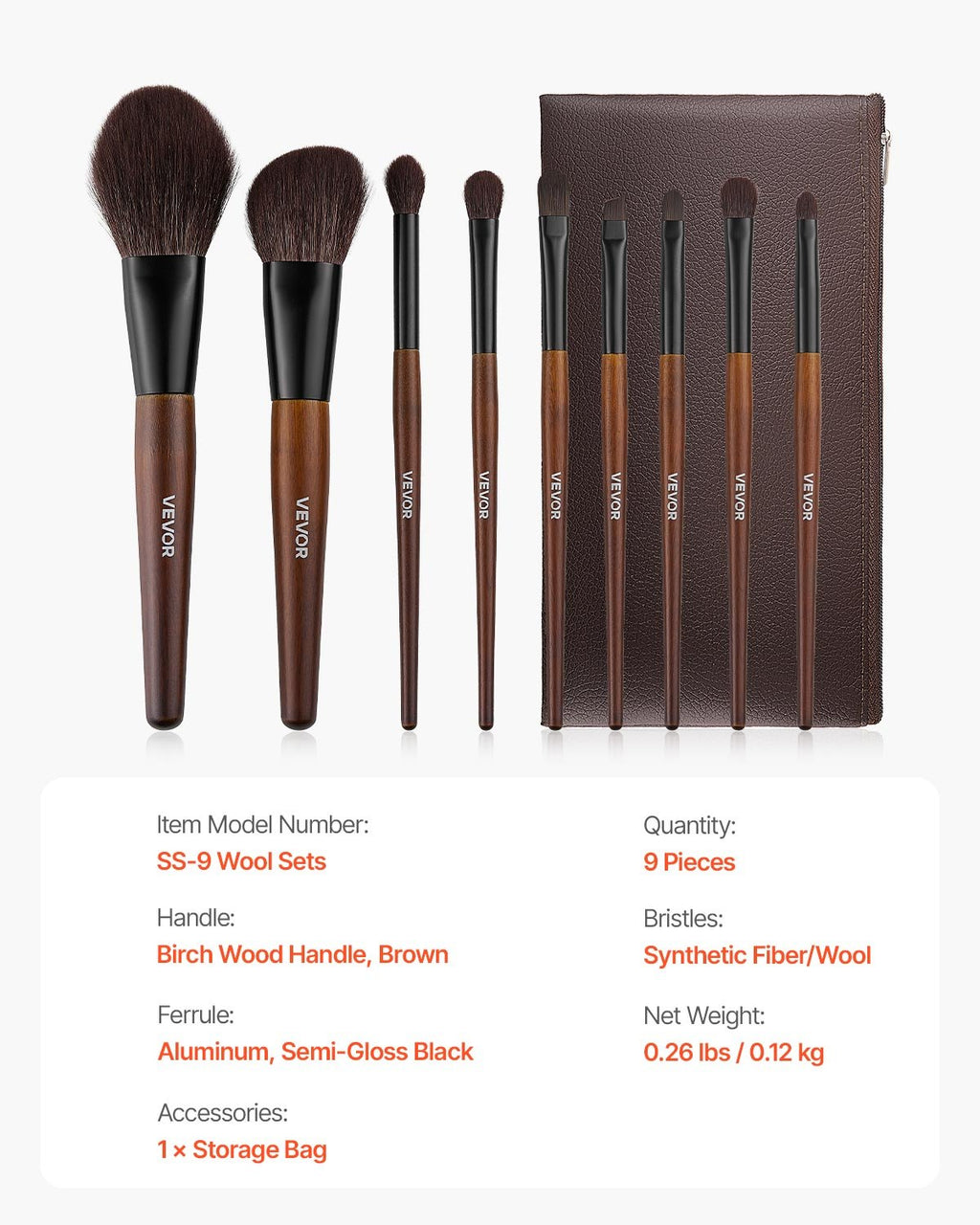 Makiažo šepetėlių rinkinys VEVOR SS-9 Wool Sets, 9 dalių