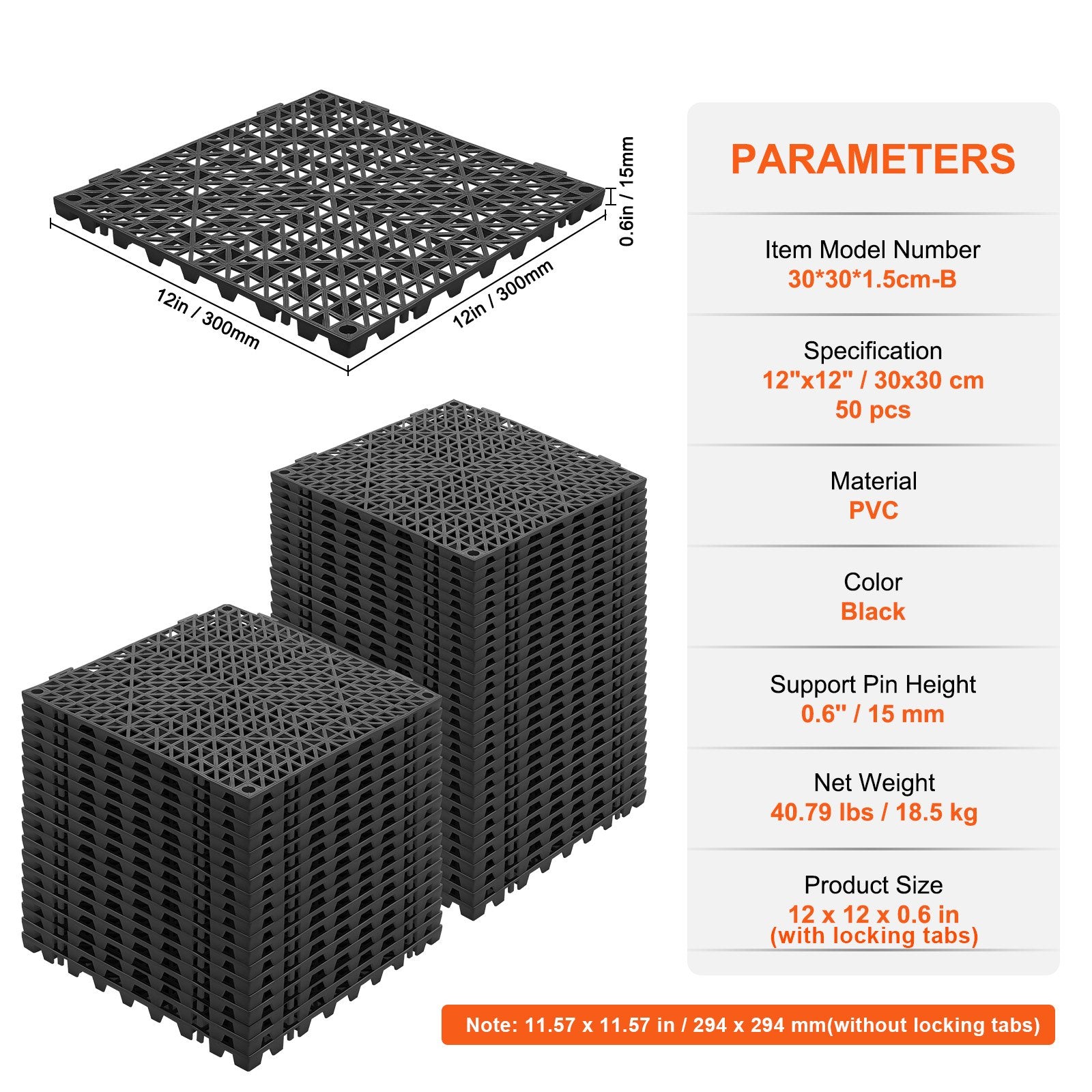 Modulinė drenažo danga VEVOR 30x30 cm, 50 vnt. komplektas