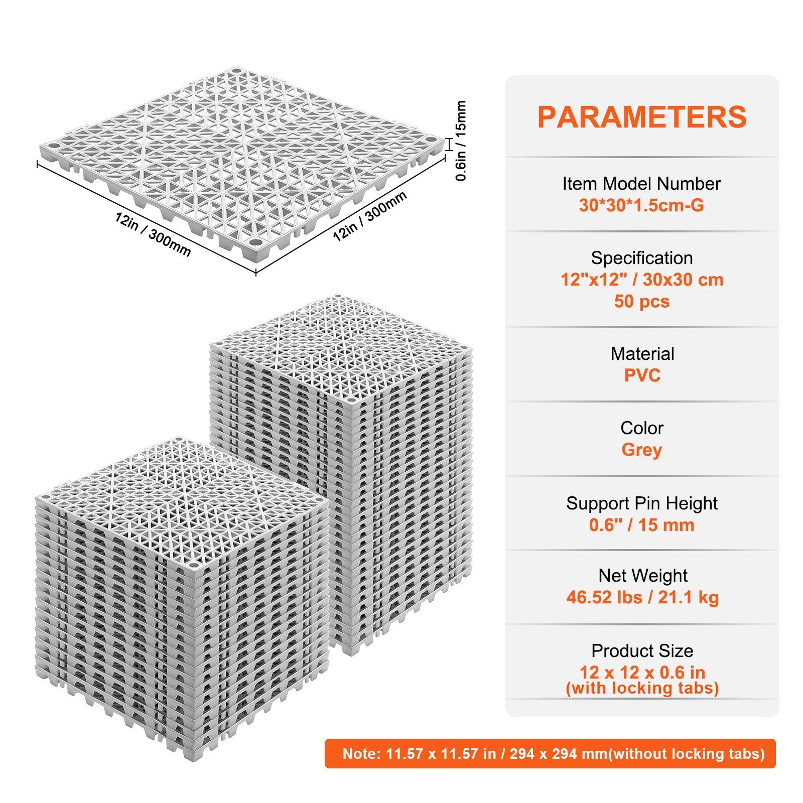 Modulinis drenažinis kilimėlis VEVOR 30*30*1.5cm-G, 50 vnt.