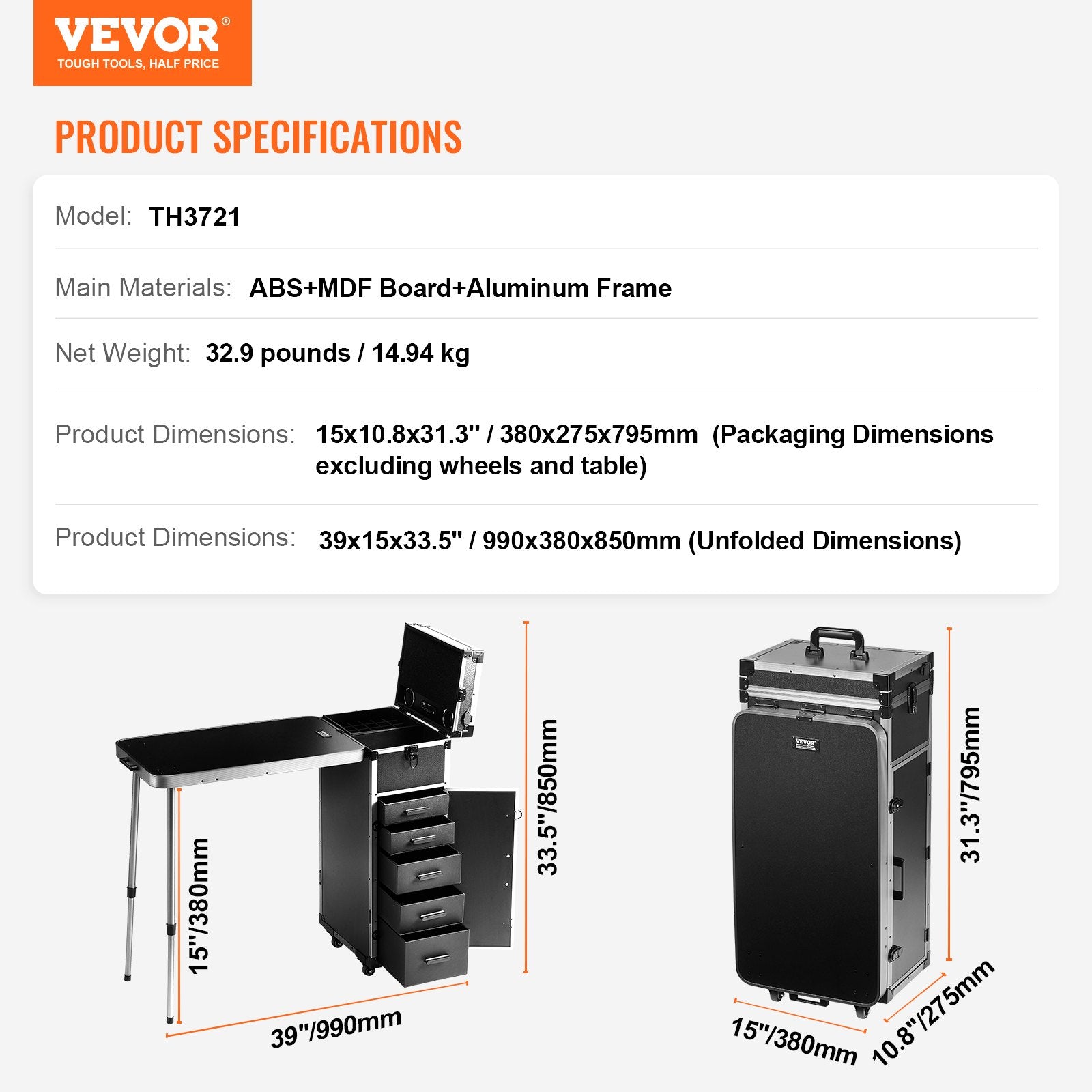 Profesionali makiažo lagaminas-stalas VEVOR TH3721, su LED veidrodžiu ir Bluetooth